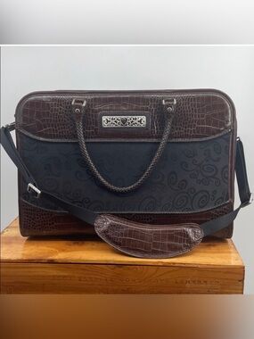 Brighton brown black jacquard braided leather travel luggage croc crocodile bag